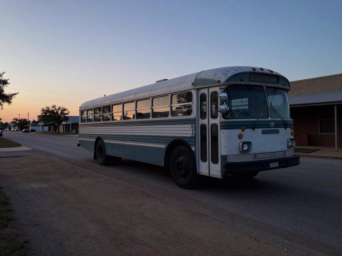 Austin Texas Pre-Dawn Street Scene with Vintage Bedford Bus and Canal in in Austin, Texas, United States