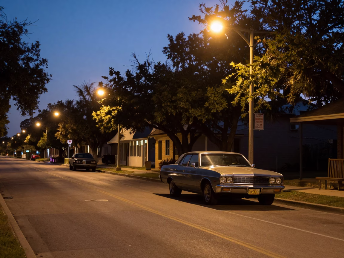 Austin Texas pre-dawn street scene with vintage car and streetlights in in Austin, Texas, United States