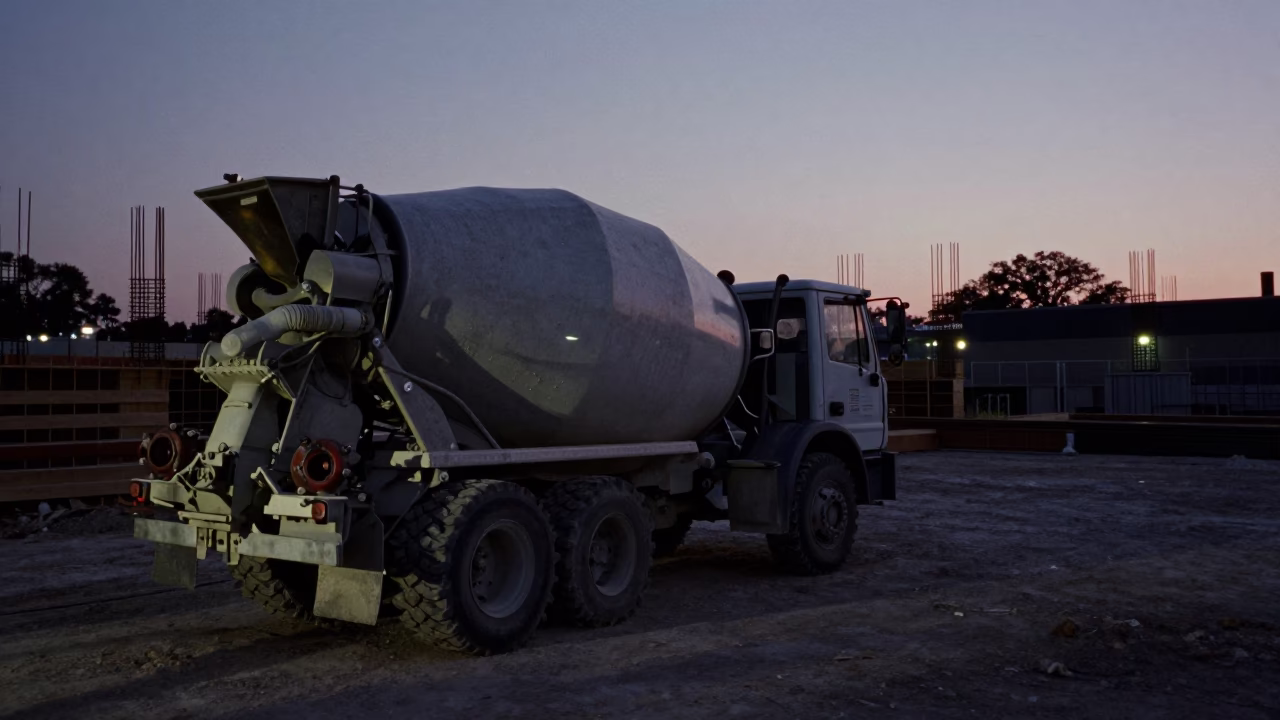 Austin Texas Predawn Construction Site with Cement Mixer and Rebar in in Austin, Texas, United States