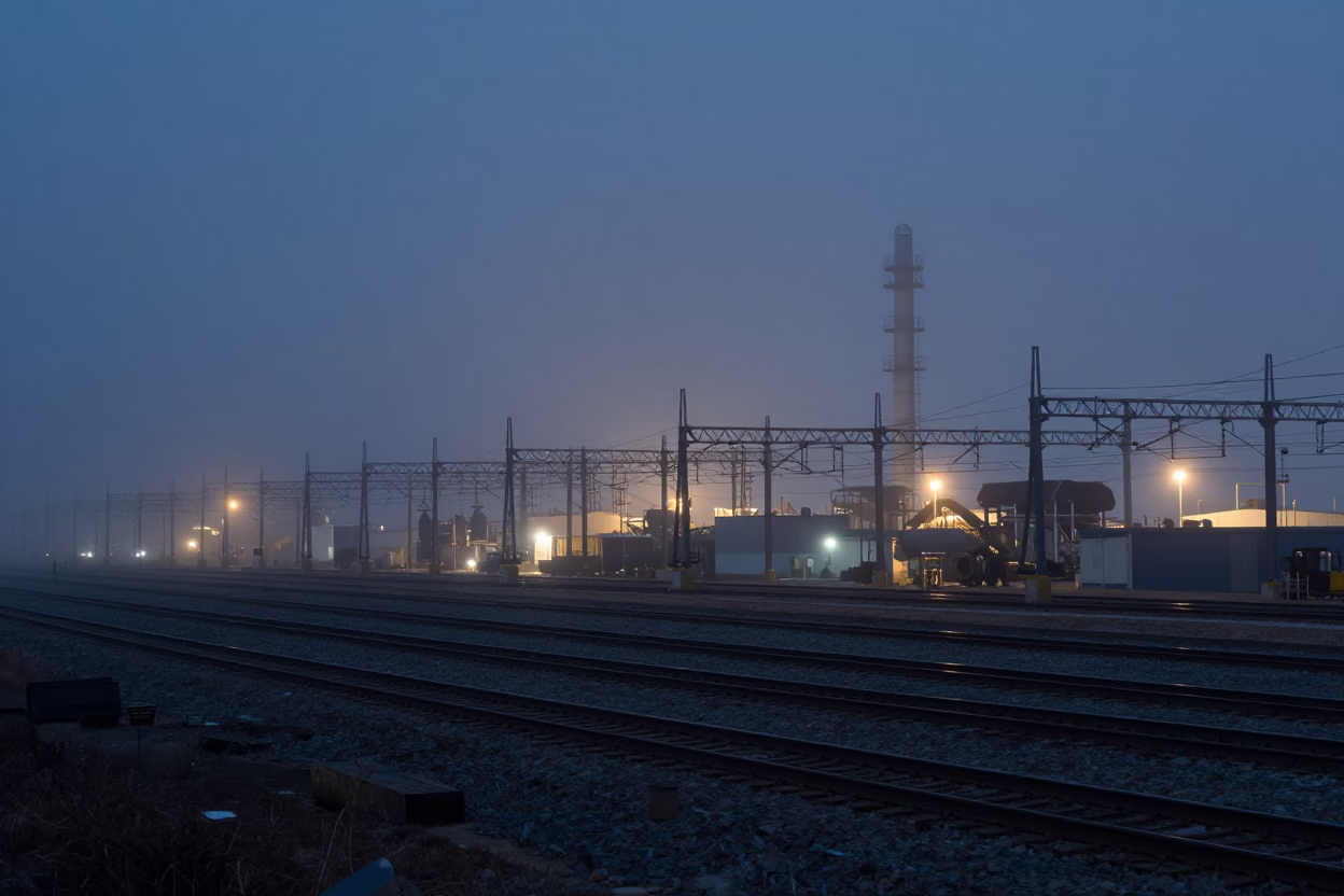 Austin Texas Predawn Industrial Rail Yard with Catenary System and Fog in in Austin, Texas, United States