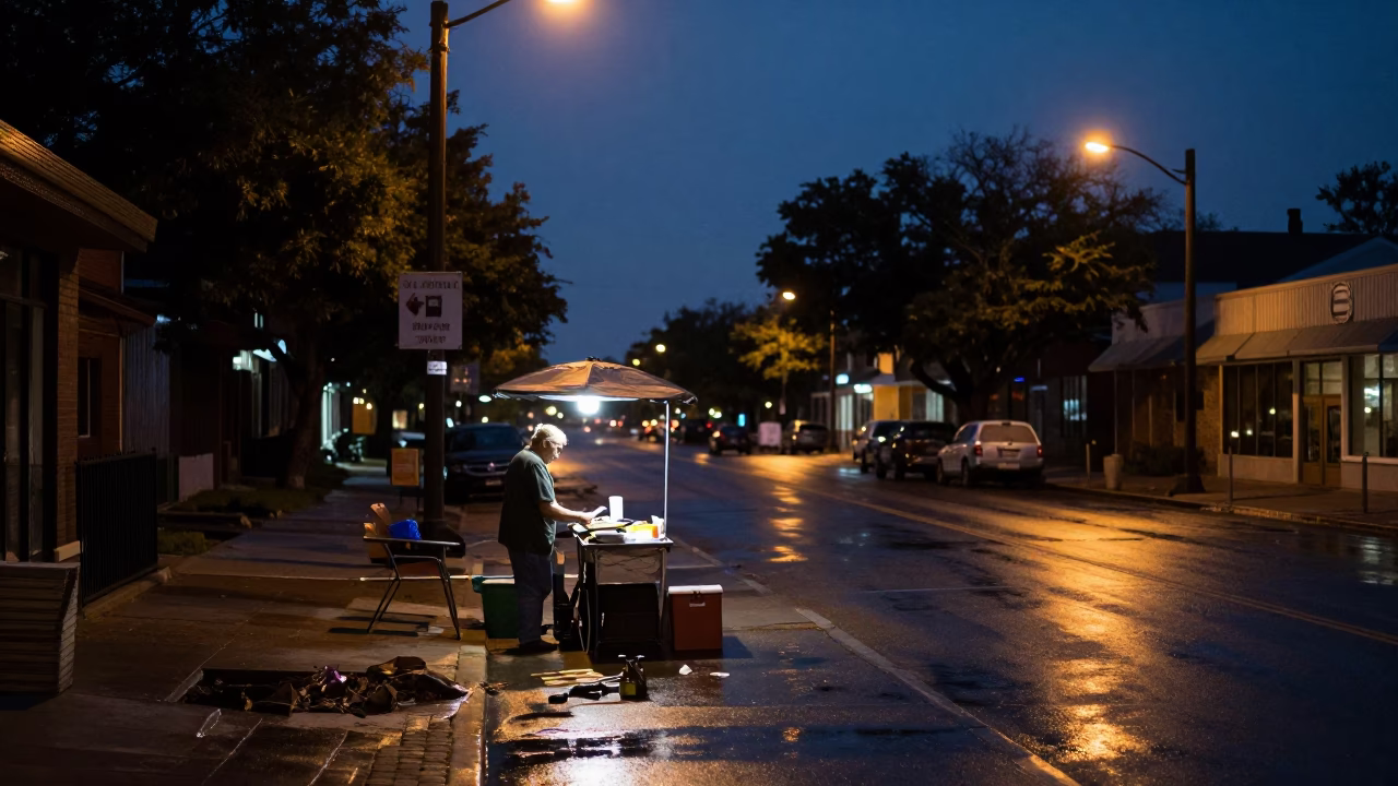 Austin Texas Predawn Street Scene with Local Vendor and Urban Architecture in in Austin, Texas, United States