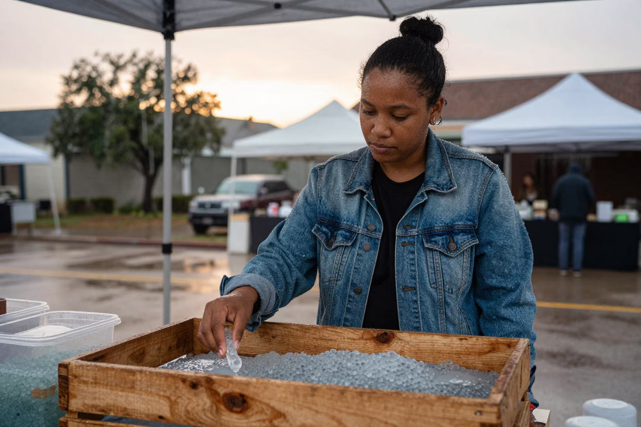 Austin Texas Rain Morning Market Vendor with Water Beads on Fresh Fruit in in Austin, Texas, United States