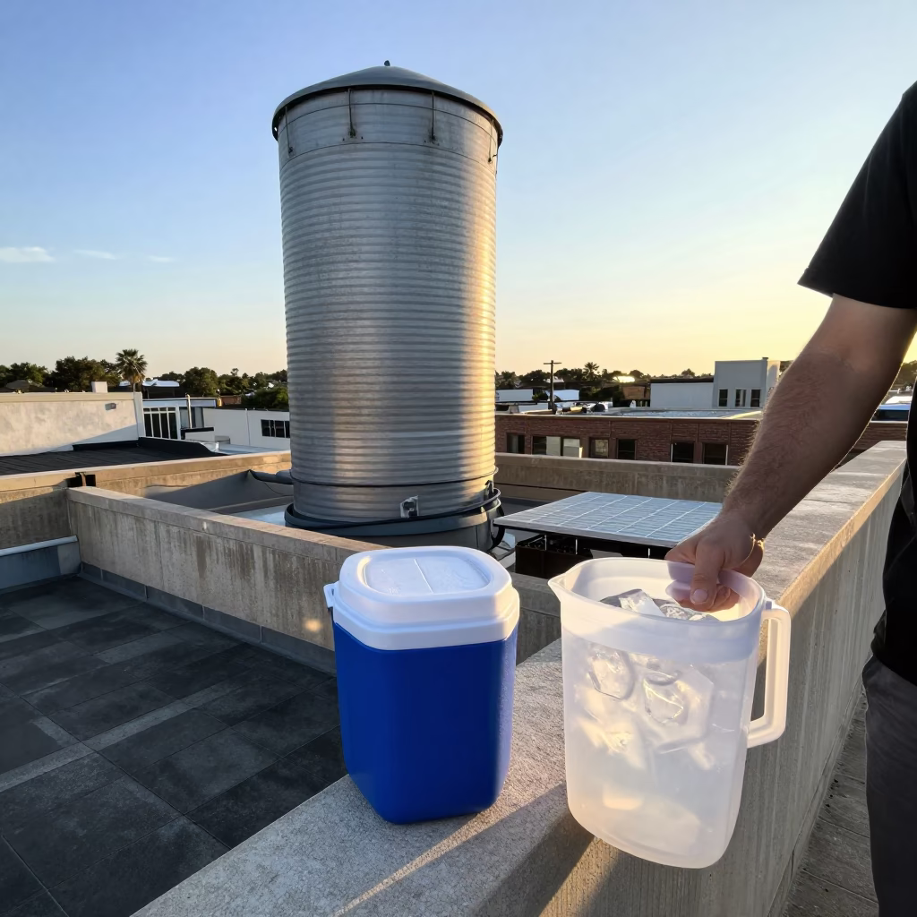 Austin Texas Rooftop Water Tower and Cooler Jug in Late Afternoon Sunlight in in Austin, Texas, United States