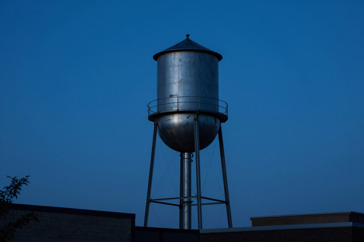 Austin Texas Rooftop Water Tower Silhouette in Evening Blue Light in in Austin, Texas, United States