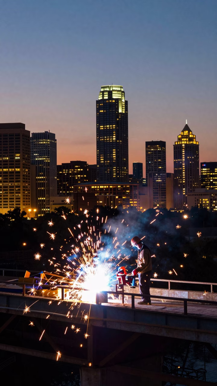 Austin Texas Skyline at Dusk with Welding Sparks and Vintage Cassette Tapes in in Austin, Texas, United States
