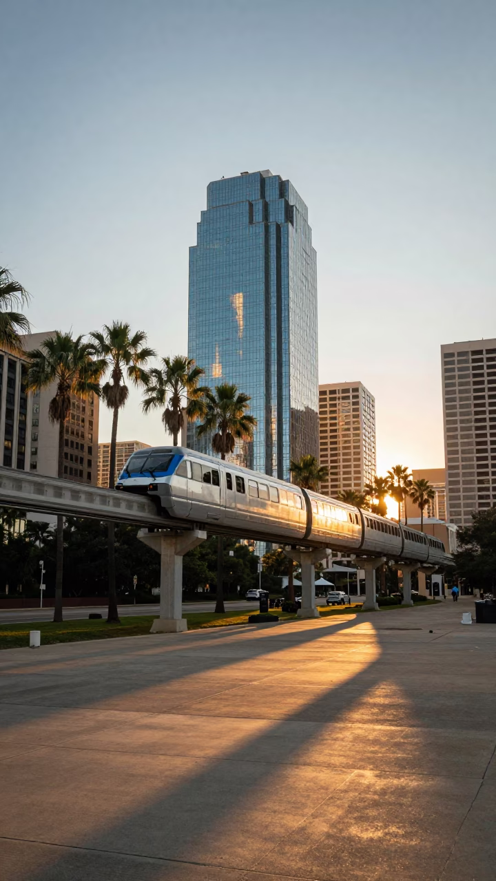 Austin Texas Skyline at Golden Hour with Monorail Reflection in Glass Tower in in Austin, Texas, United States