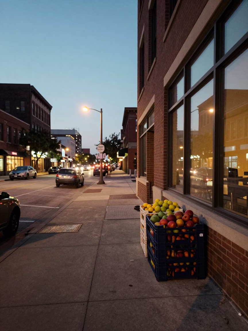 Austin Texas Street Scene at Dusk with Fruit Crate and Vintage Thermos on Sidewalk in in Austin, Texas, United States