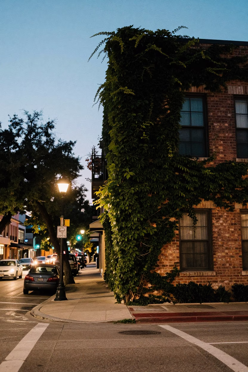 Austin Texas Street Scene at Dusk with Ivy Vines and Urban Activity in in Austin, Texas, United States