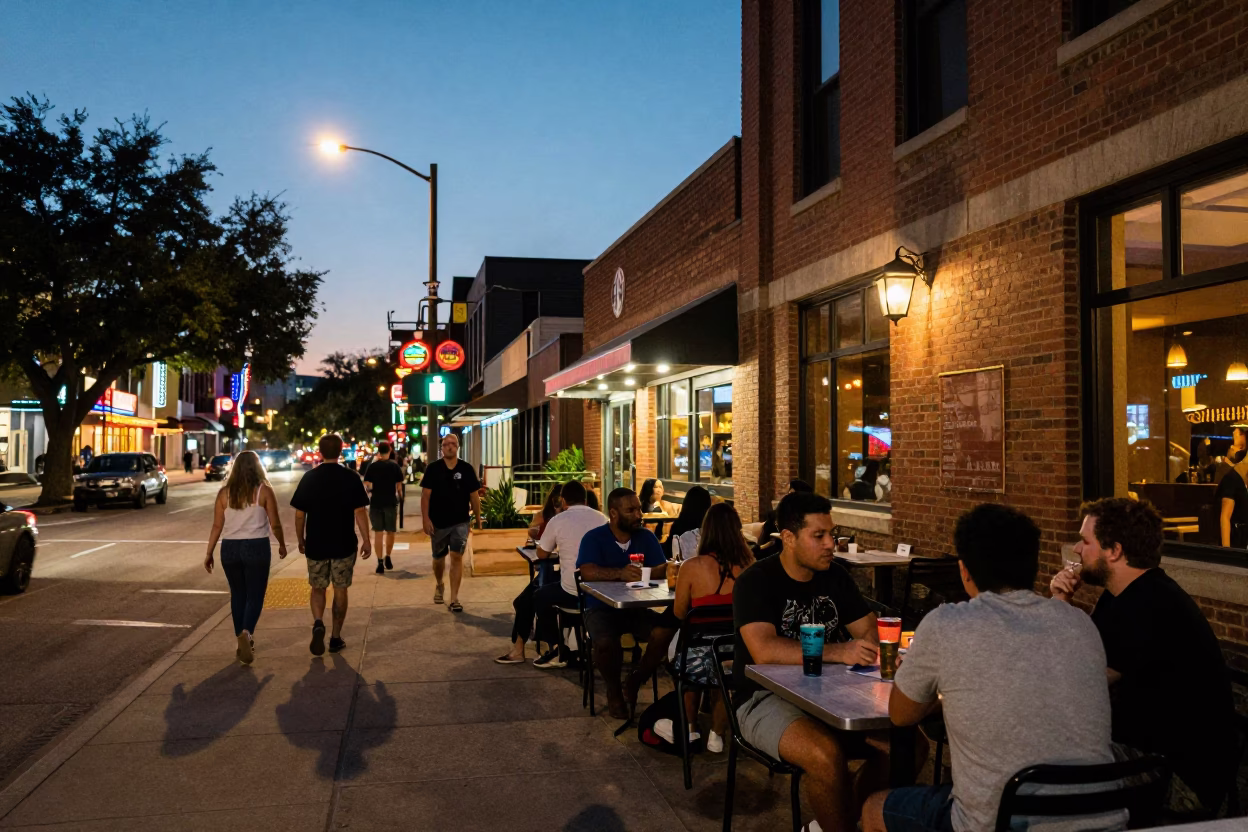 Austin Texas Street Scene at Dusk with Neon Lights and Local Dining in in Austin, Texas, United States
