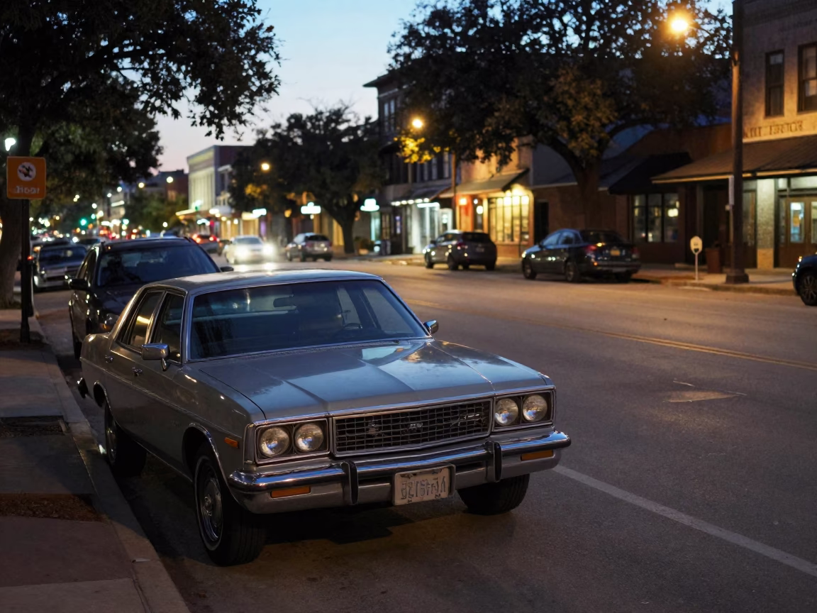 Austin Texas Street Scene at Dusk with Vintage Car and Neon Signs in in Austin, Texas, United States