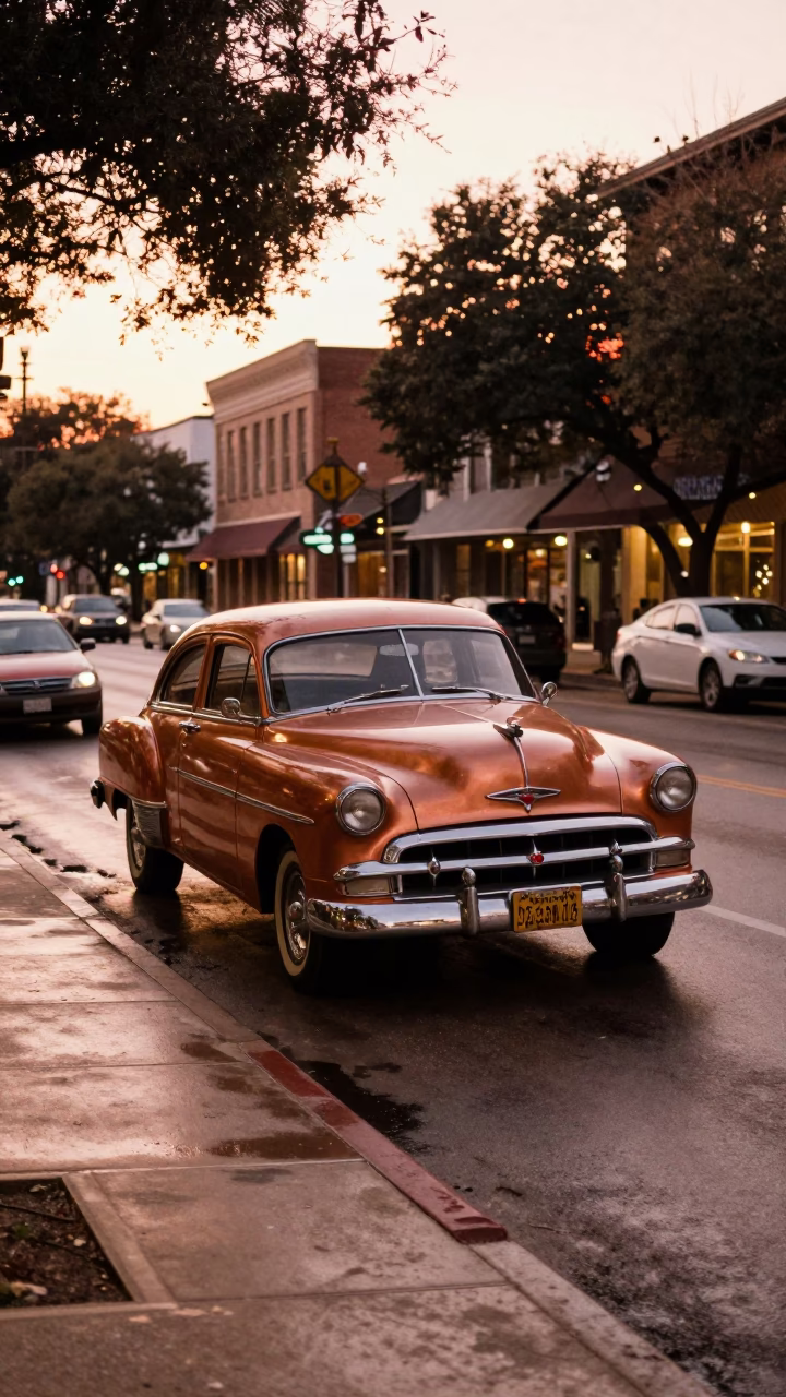 Austin Texas Street Scene Before Dusk with Vintage Car and Lush Echeveria in in Austin, Texas, United States