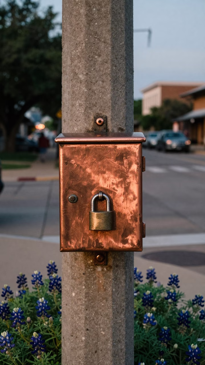 Austin Texas Street Scene with Lockbox and Bluebonnets in Copper Dusk Light in in Austin, Texas, United States