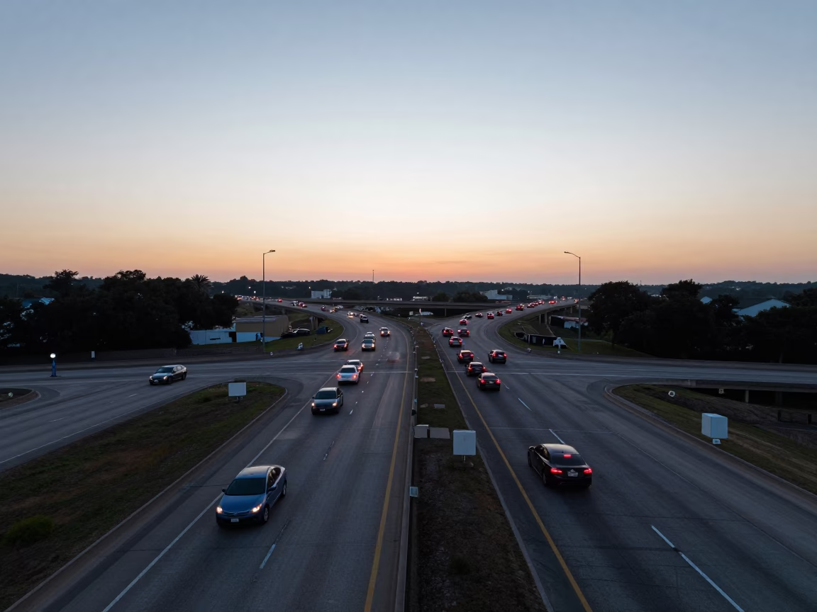 Austin Texas Sunrise Overpass Interchange Lane Split With Taillight Streaks in in Austin, Texas, United States