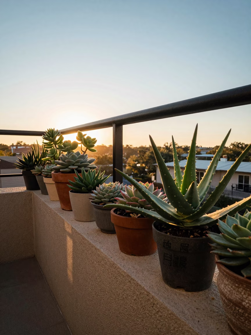 Austin Texas Sunrise Potted Succulents and Aloe Vera on Balcony in in Austin, Texas, United States