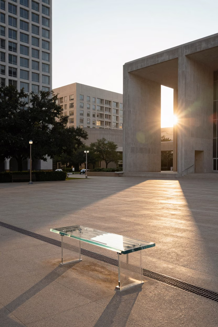 Austin Texas Sunrise Street Scene with Clear Glass Bench and Morning Light in in Austin, Texas, United States