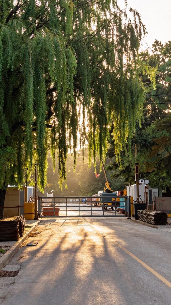Austin Texas Sunrise Street Scene with Construction Site and Willow Tree in in Austin, Texas, United States