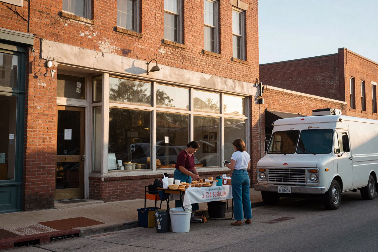 Austin Texas Sunrise Street Scene with Local Artisans and Vintage Fashion Elements in in Austin, Texas, United States