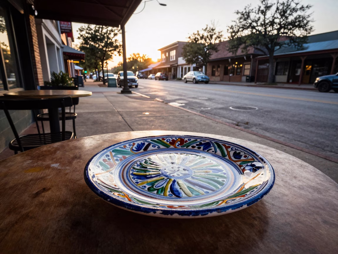 Austin Texas Sunrise Street Scene with Vintage Majolica Plate and Local Morning Routine in in Austin, Texas, United States
