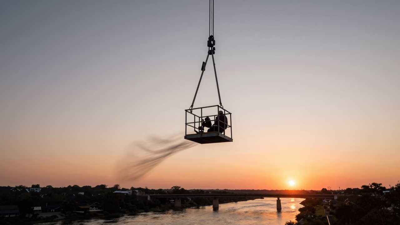Austin Texas Sunset Bridge Maintenance Cage Swinging in Wind in in Austin, Texas, United States
