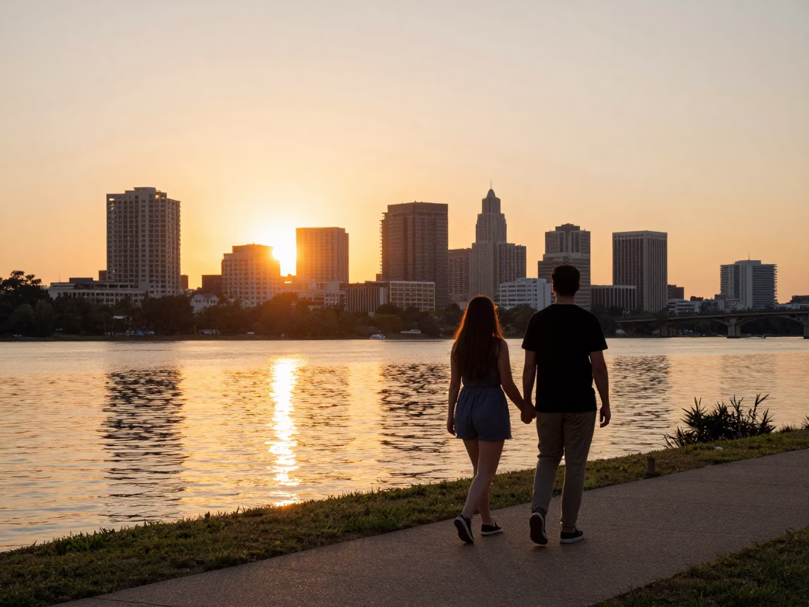 Austin Texas Sunset Couple Walking Hand in Hand Along the River Walk in in Austin, Texas, United States