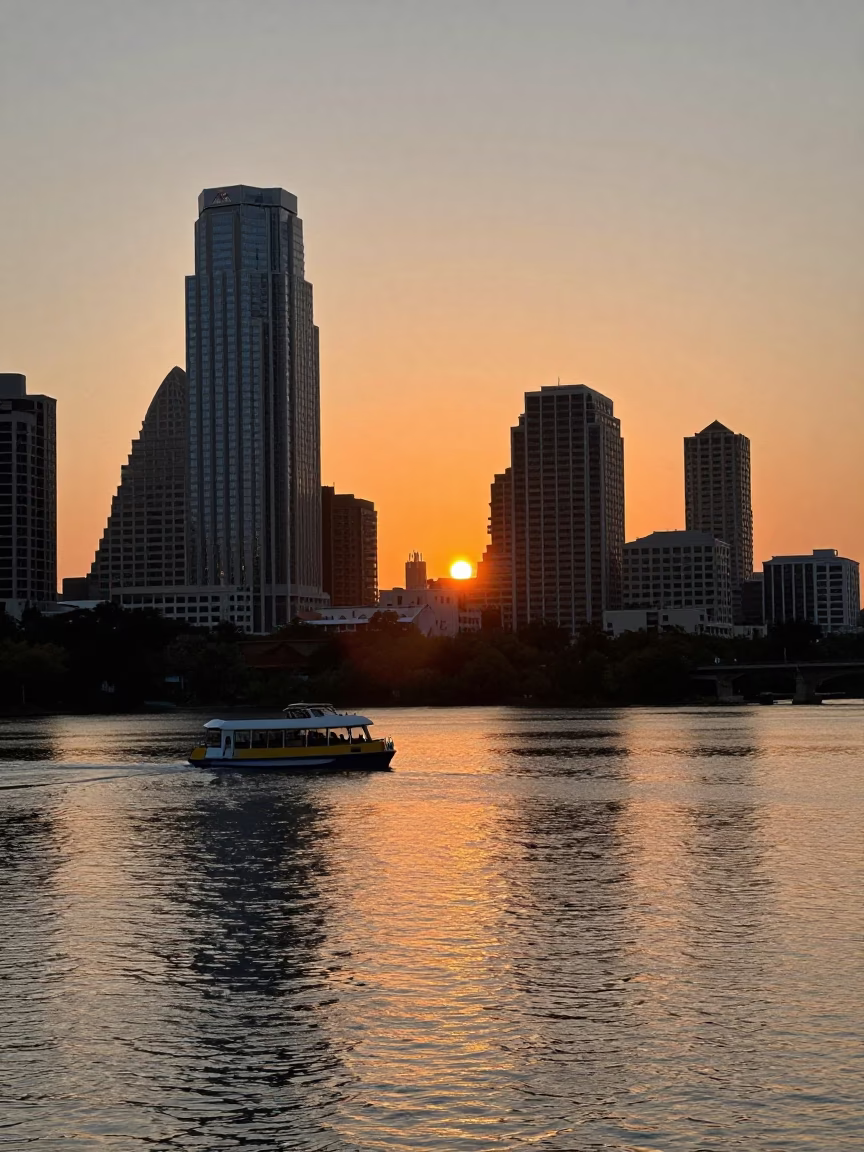 Austin Texas Sunset Downtown Skyline with Water Taxi and Lady Bird Lake in in Austin, Texas, United States