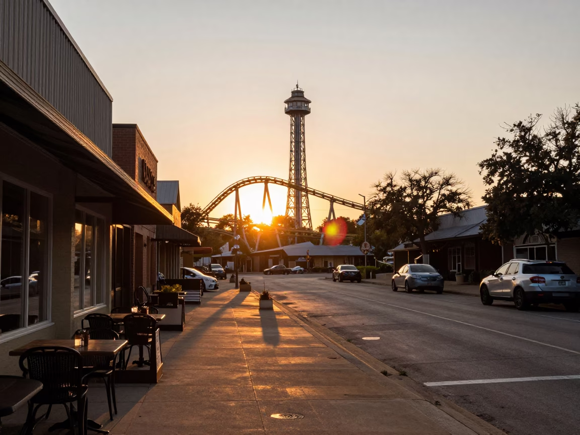 Austin Texas Sunset Folly Tower View with Coaster on Cafe Table in in Austin, Texas, United States