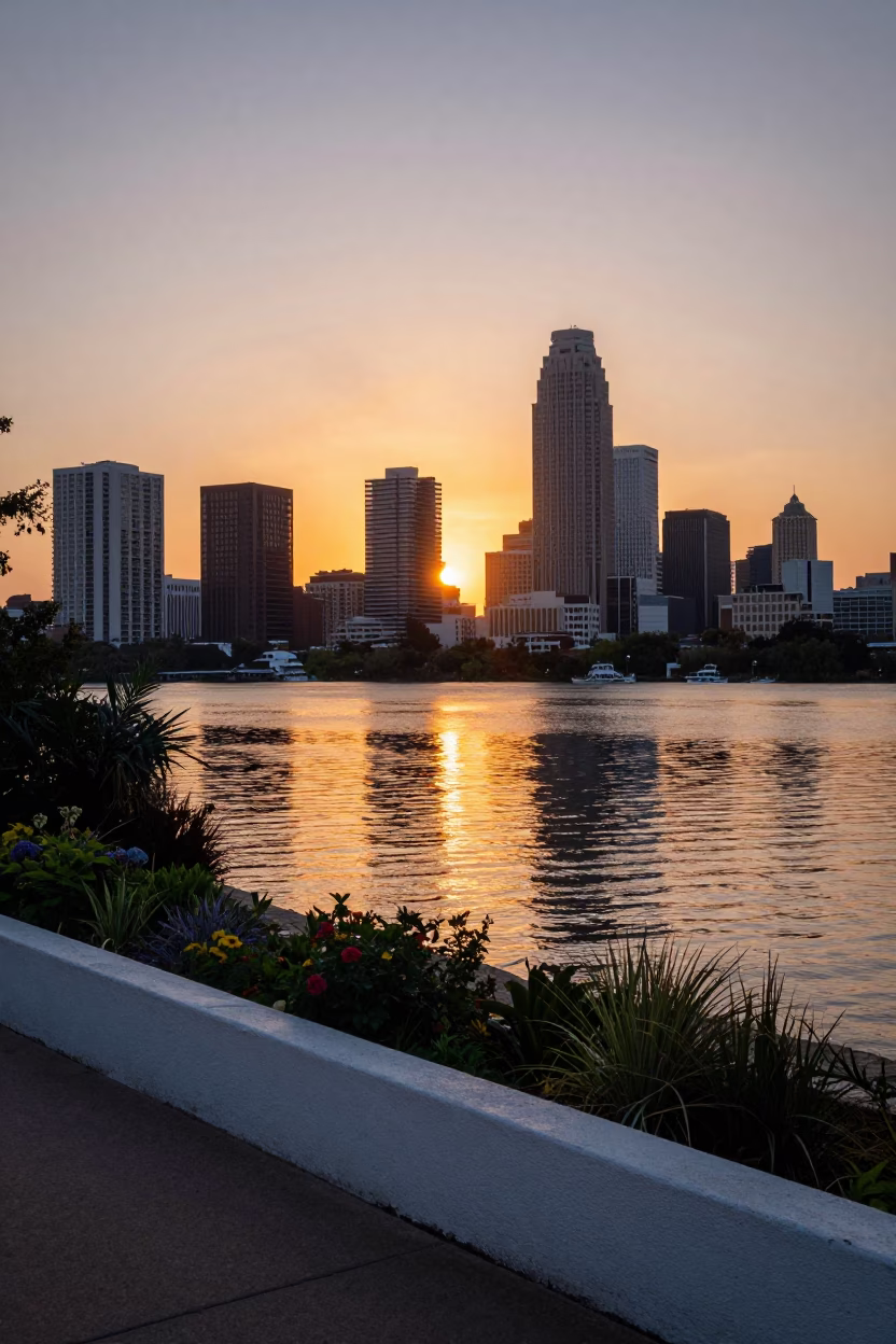 Austin Texas Sunset Over Lady Bird Lake with Downtown Skyline and Downtown Bridge Reflections in in Austin, Texas, United States
