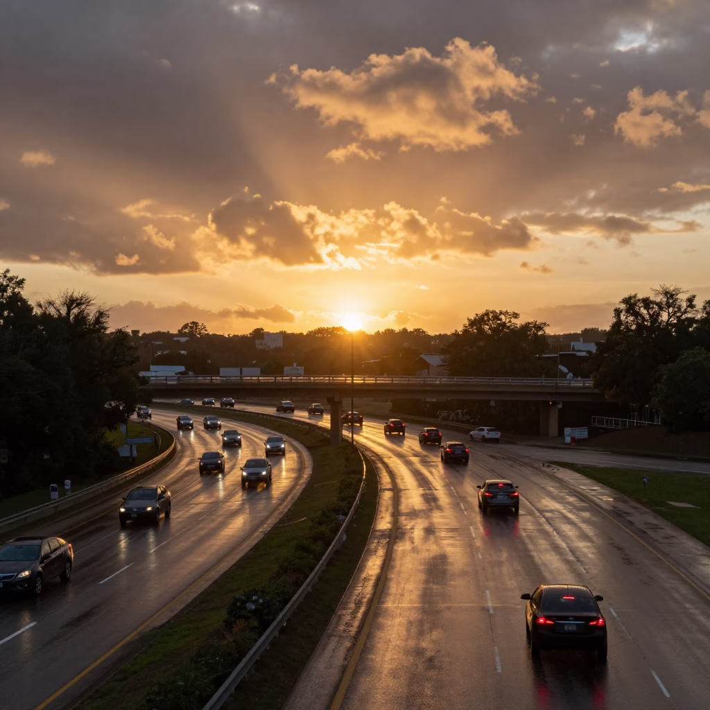 Austin Texas Sunset Overpass Interchange with Wet Asphalt and Taillights in in Austin, Texas, United States