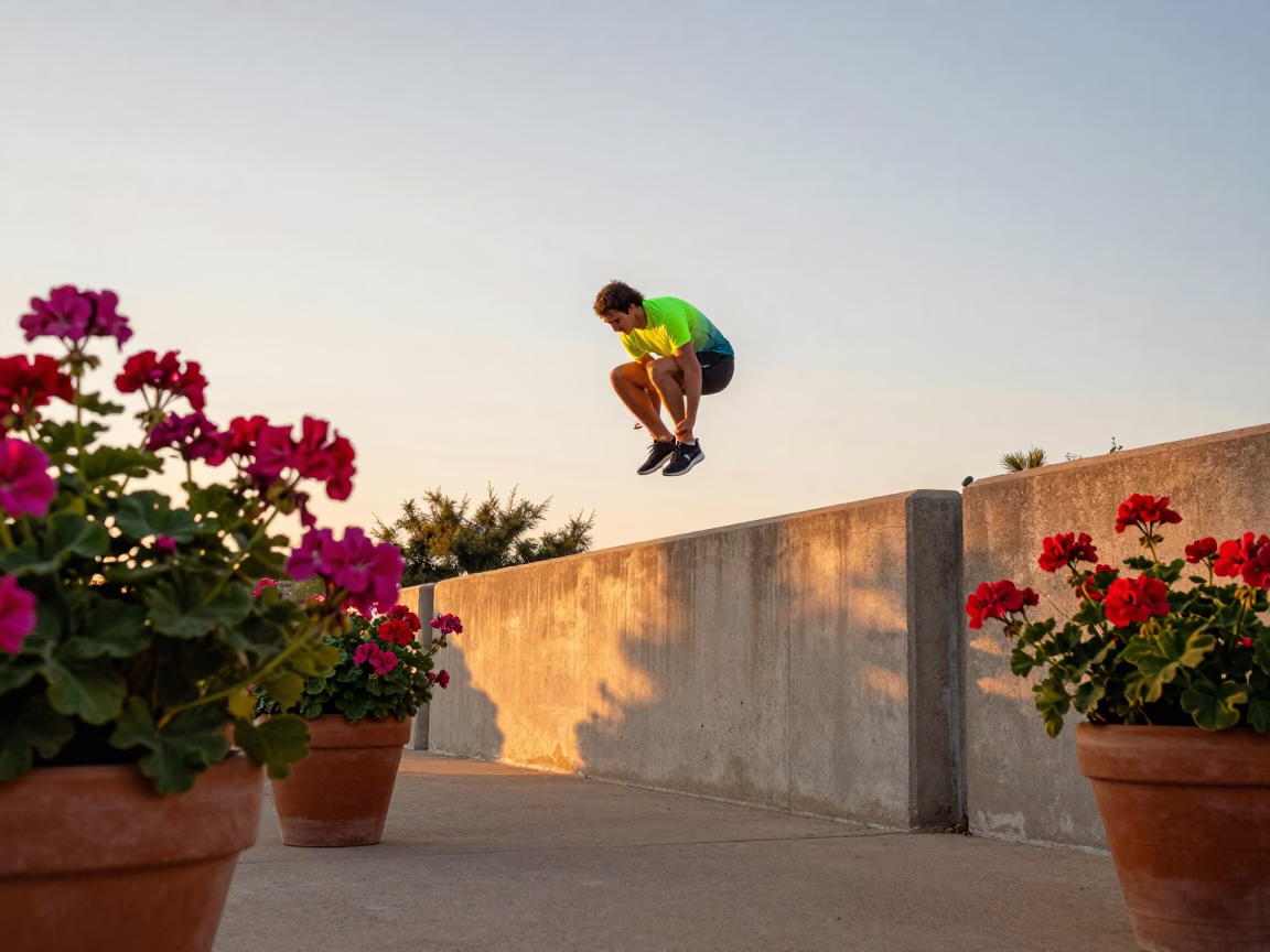 Austin Texas Sunset Parkour Athlete Vaulting Concrete Wall Near Potted Geraniums in in Austin, Texas, United States