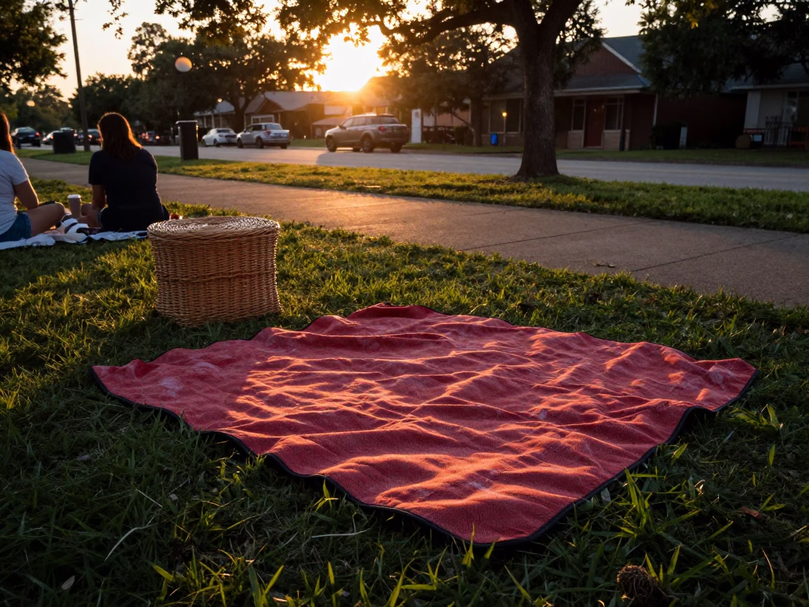Austin Texas Sunset Picnic Scene with Camp Stool and Wicker Shadow in in Austin, Texas, United States