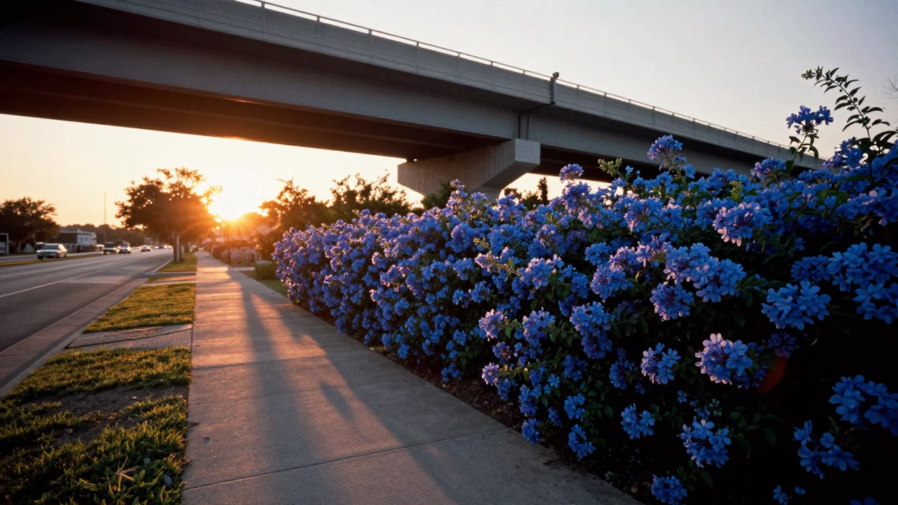 Austin Texas Sunset Plumbago Hedge Blue Flowers Near Highway Overpass in in Austin, Texas, United States