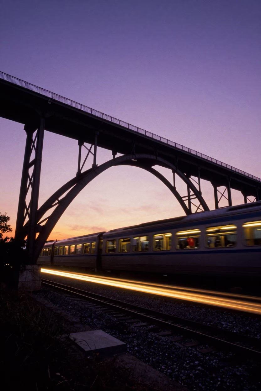 Austin Texas Sunset Railway Viaduct Arch and Passing Train at Twilight in in Austin, Texas, United States