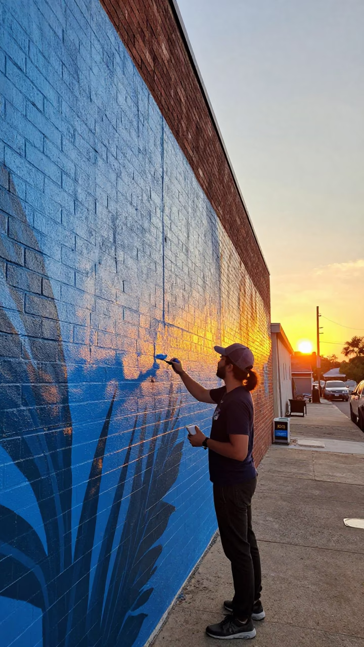 Austin Texas Sunset Street Mural Painting Candid Local Moment in in Austin, Texas, United States