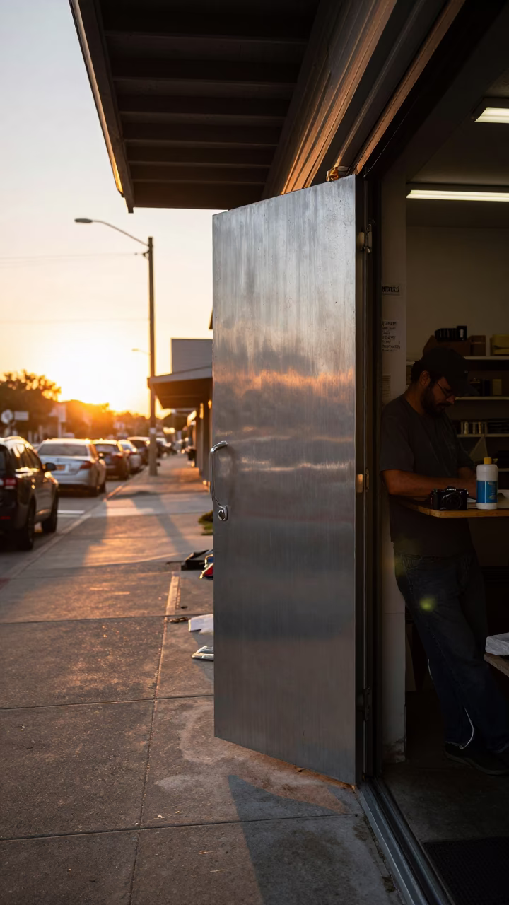 Austin Texas Sunset Street Scene with Brushed Steel Cabinet Door and Wrench in in Austin, Texas, United States