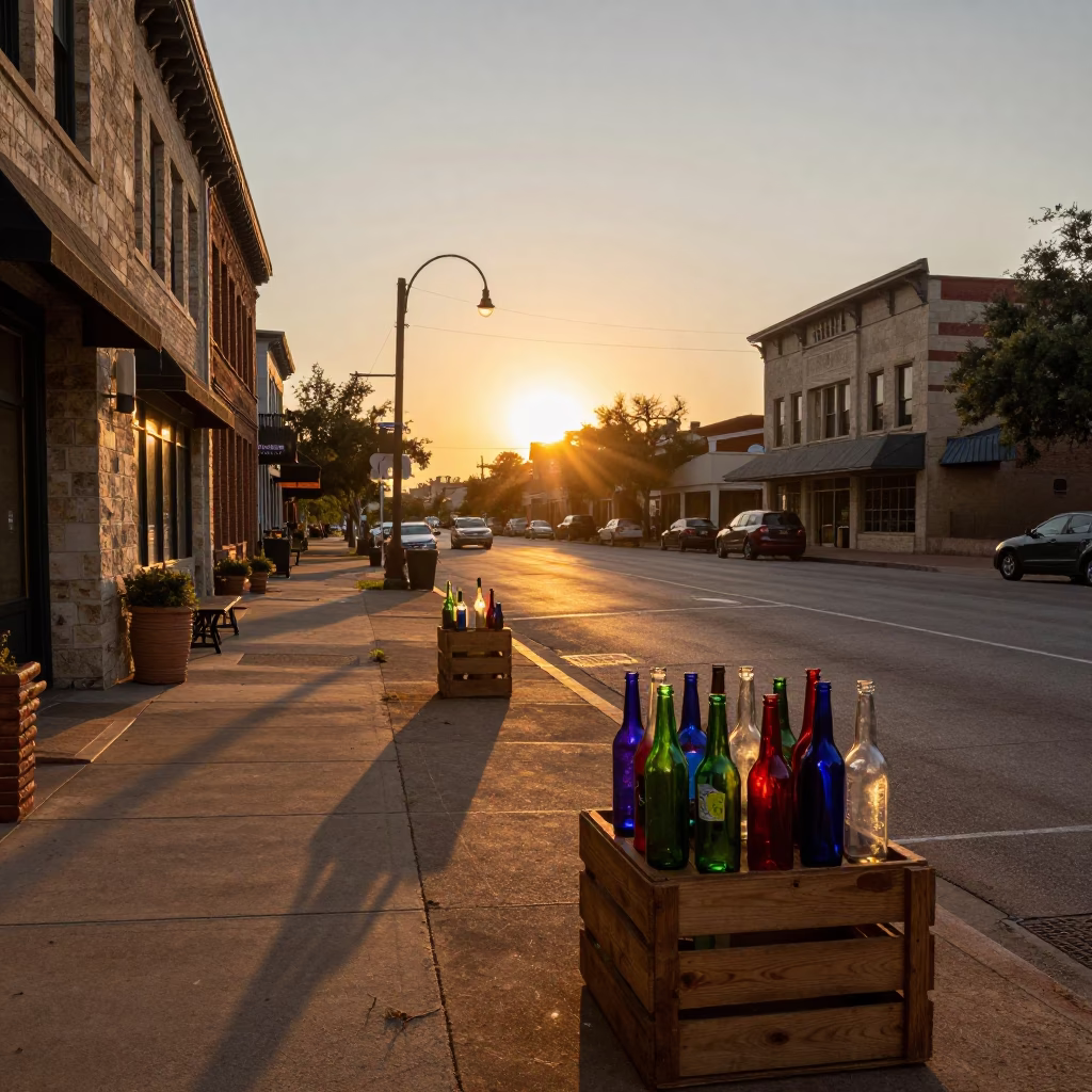 Austin Texas Sunset Street Scene with Colorful Glass Bottles and Vintage Details in in Austin, Texas, United States