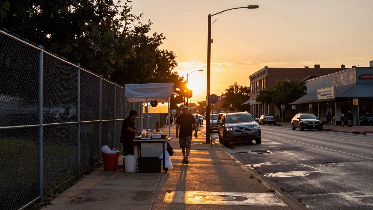 Austin Texas Sunset Street Scene with Food Vendor and Urban Infrastructure in in Austin, Texas, United States