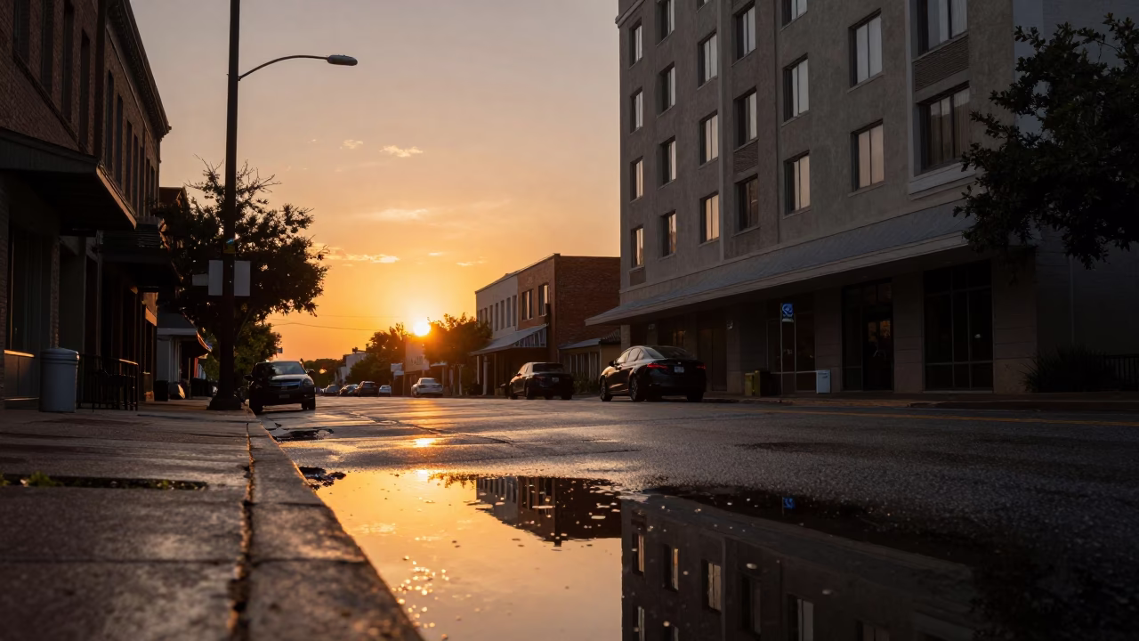 Austin Texas Sunset Street Scene with Hotel Reflections and Tail Lights on Wet Pavement in in Austin, Texas, United States