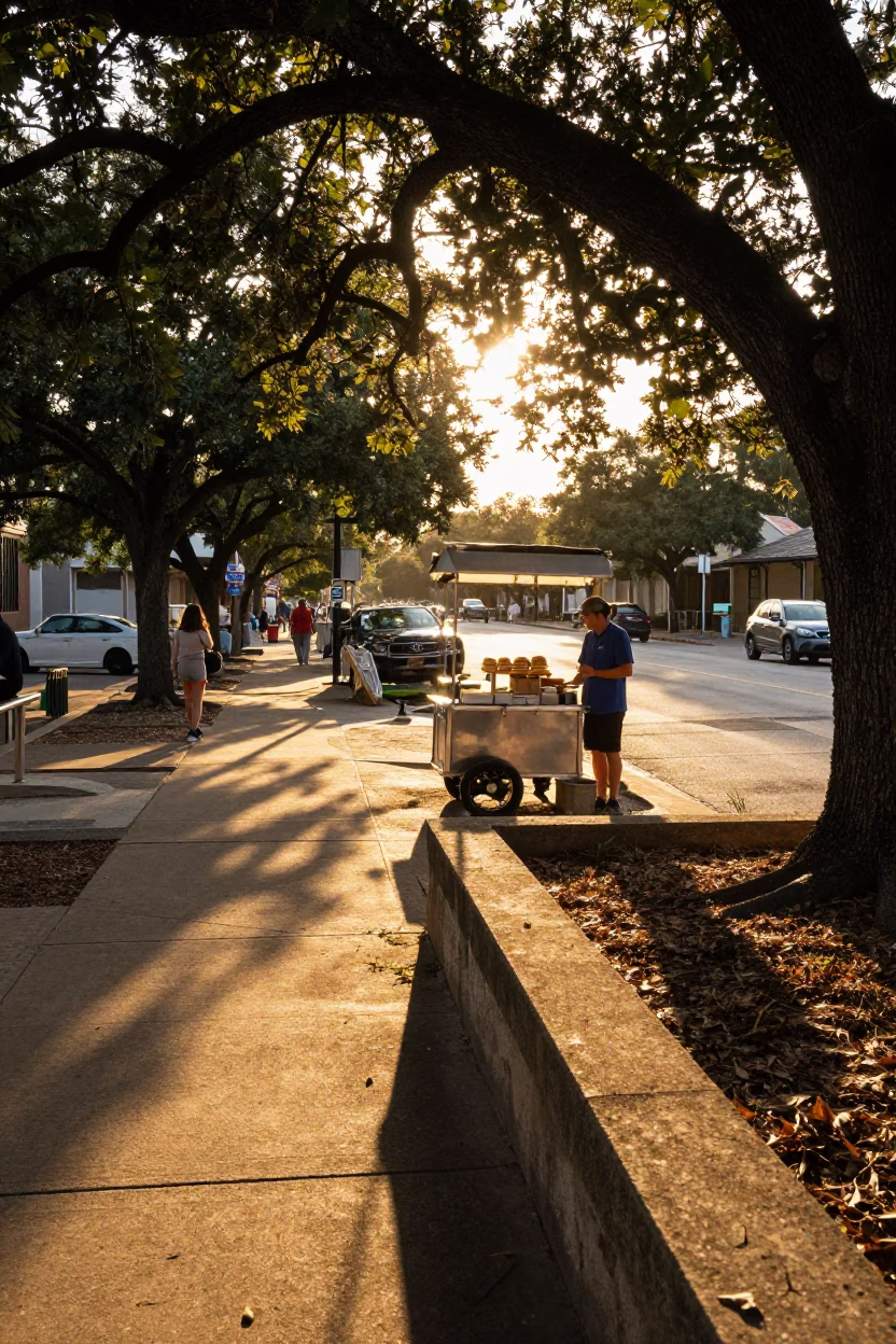 Austin Texas Sunset Street Scene with Leaf Shadows and Pastries in in Austin, Texas, United States