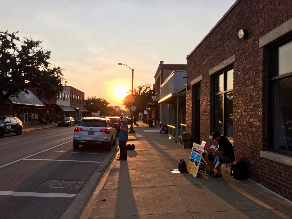 Austin Texas Sunset Street Scene with Local Art and City Lights in in Austin, Texas, United States