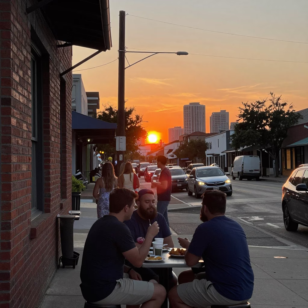 Austin Texas Sunset Street Scene with Local Food and Casual Conversation in in Austin, Texas, United States