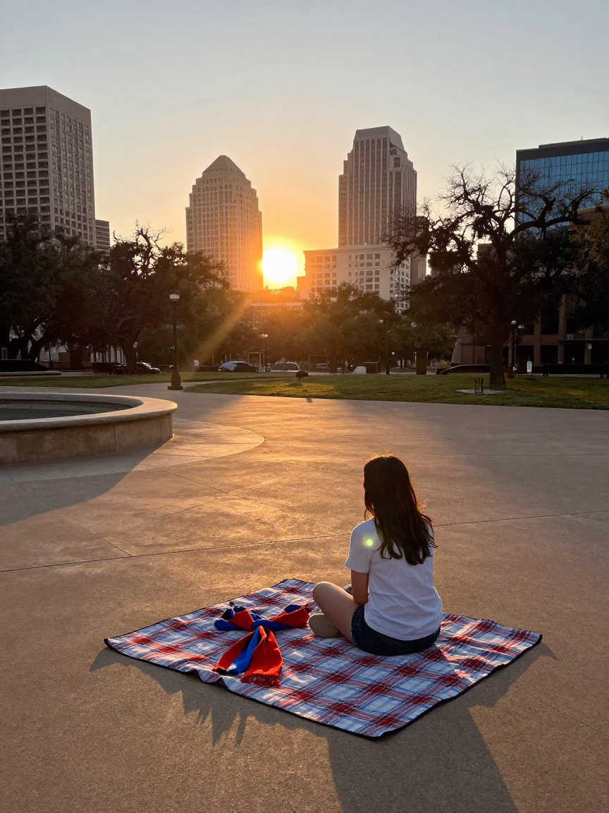 Austin Texas Sunset Street Scene with Picnic Blanket and Scarf in in Austin, Texas, United States