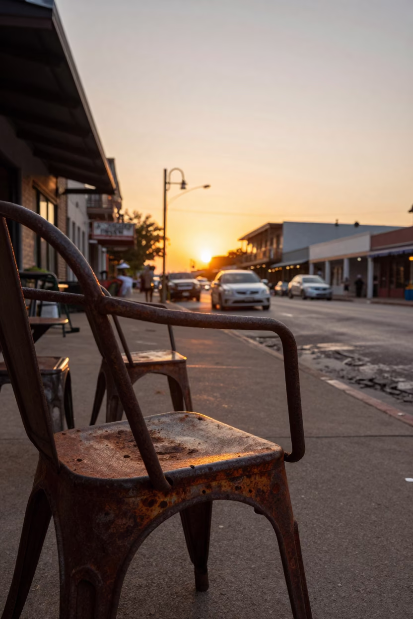Austin Texas Sunset Street Scene with Rusty Metal Furniture and Tea Towel in in Austin, Texas, United States