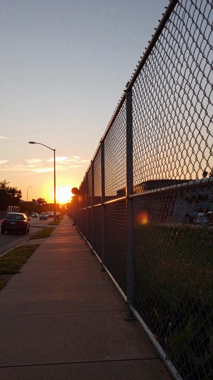 Austin Texas Sunset Street Scene with Substation Fence and Urban Infrastructure in in Austin, Texas, United States