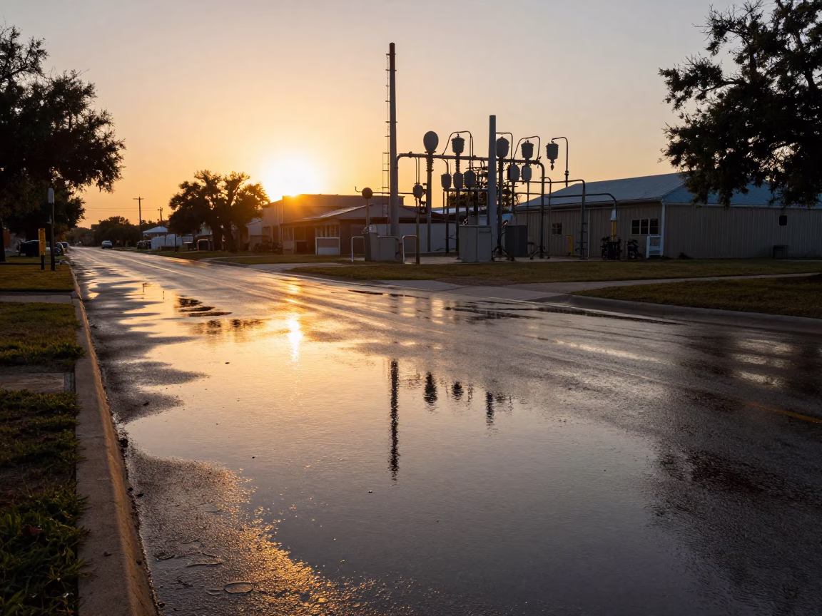 Austin Texas Sunset Street Scene with Substation Puddle Reflections in in Austin, Texas, United States