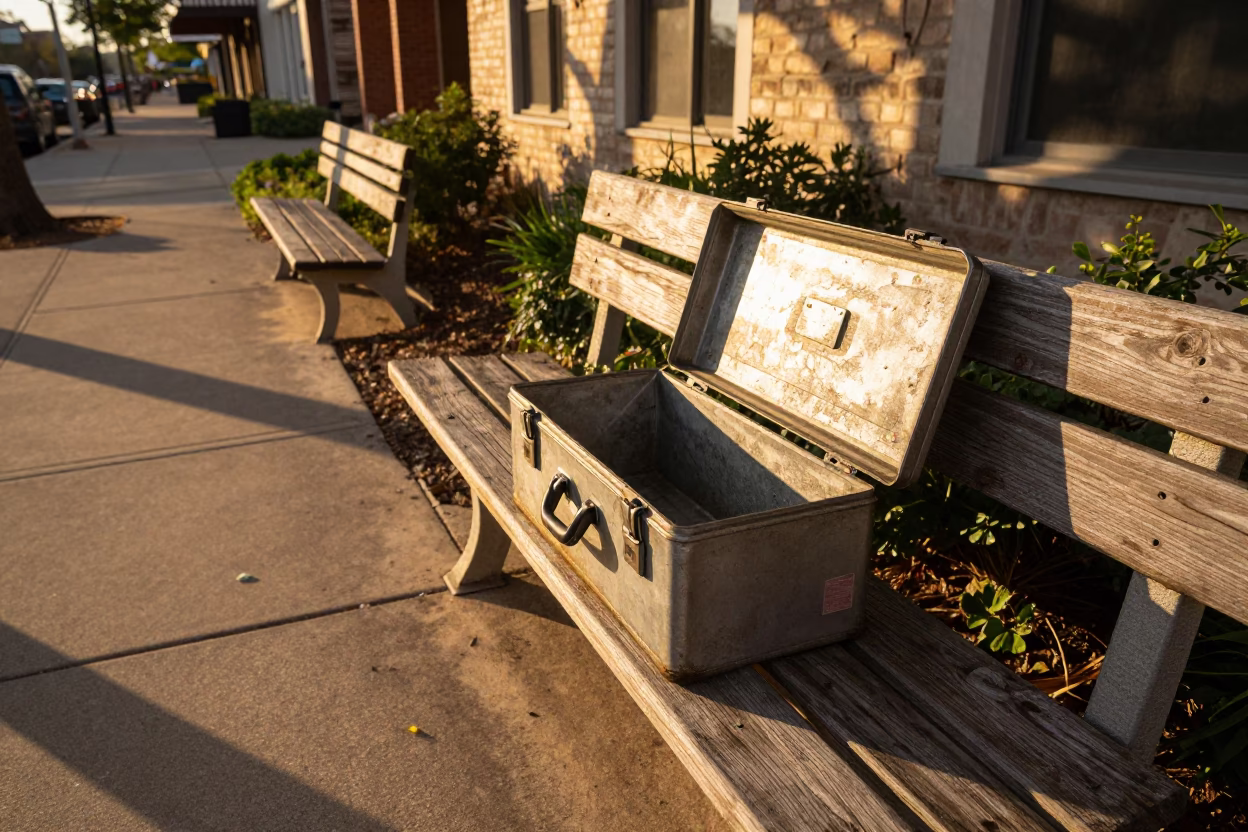 Austin Texas Sunset Street Scene with Toolbox and Garden Benches in in Austin, Texas, United States