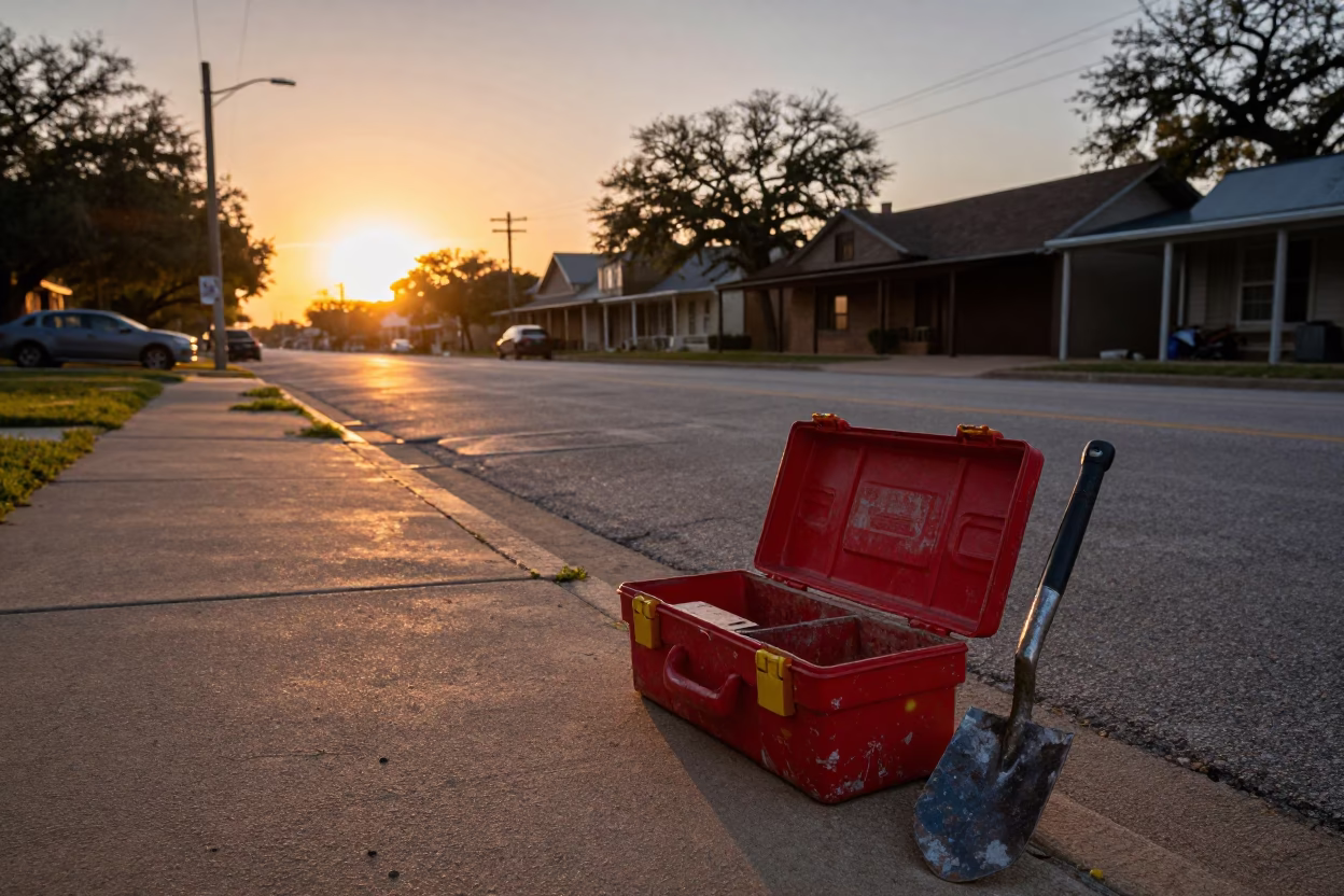 Austin Texas Sunset Street Scene with Toolbox and Trowel Near Congress Avenue in in Austin, Texas, United States