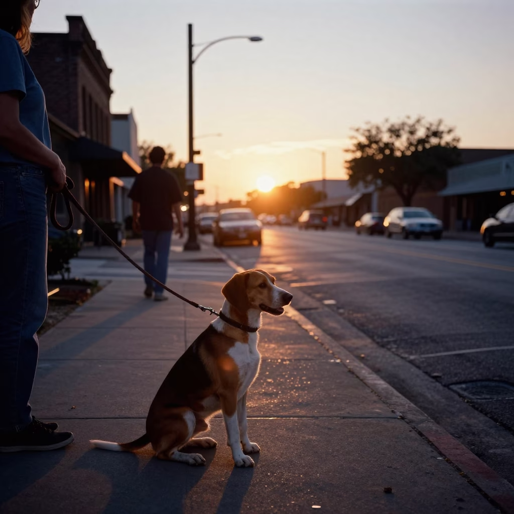 Austin Texas Sunset Street Scene with Treeing Walker Coonhound and Local Vendor in in Austin, Texas, United States