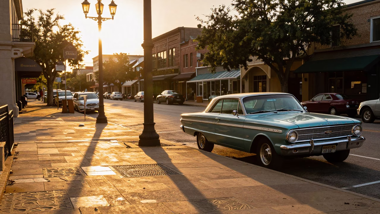 Austin Texas Sunset Street Scene with Vintage Car and Local Vendor in in Austin, Texas, United States