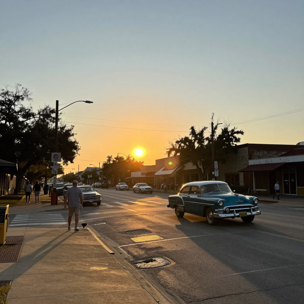 Austin Texas Sunset Street Scene With Vintage Cars And Pedestrians in in Austin, Texas, United States