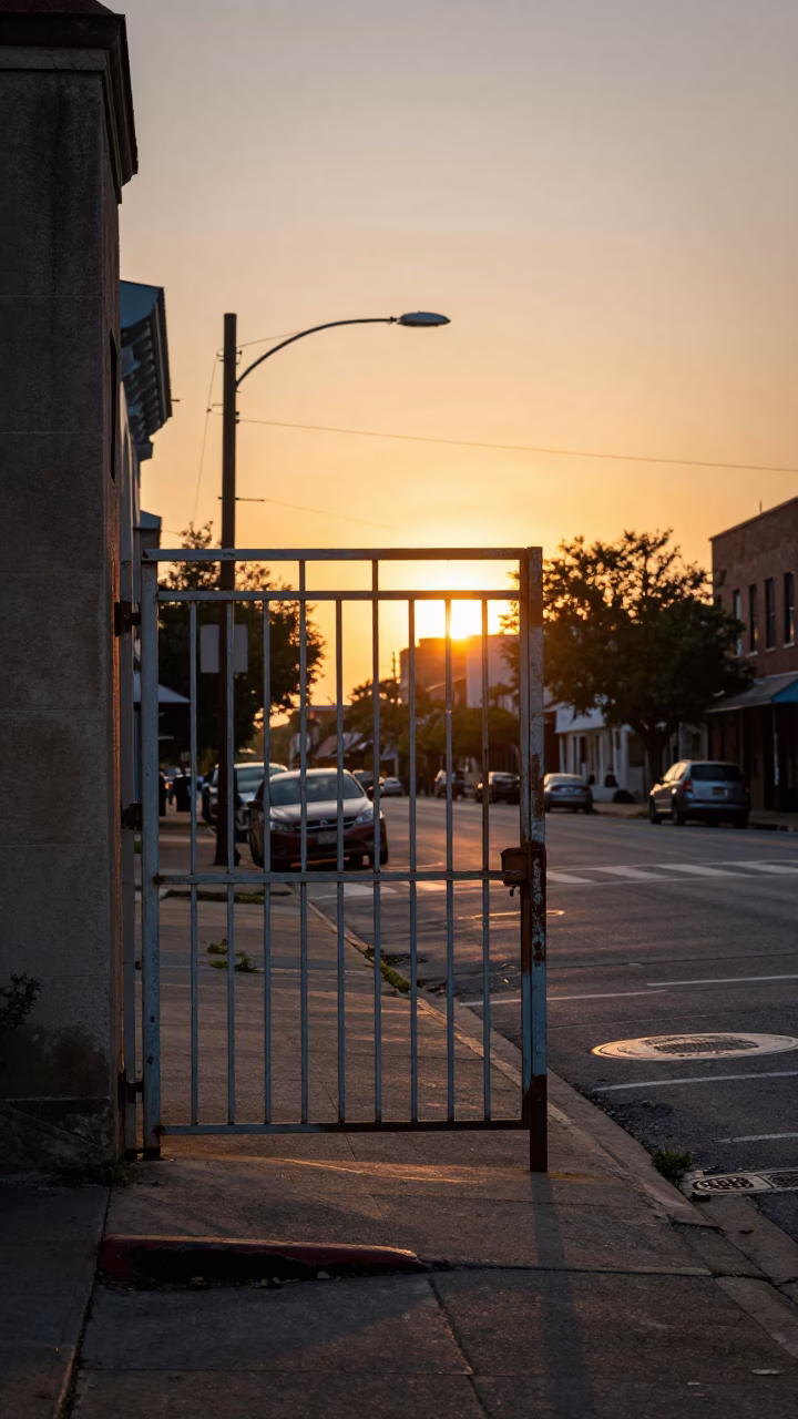 Austin Texas Sunset Street Scene with Vintage Gate and Urban Details in in Austin, Texas, United States